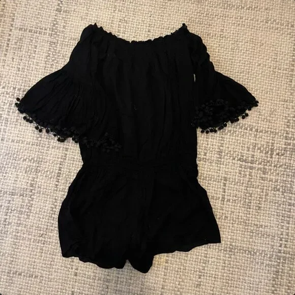 Anthropologie Lilka Pom-Trimmed Off-The-Shoulder Romper - Picture 5 of 10